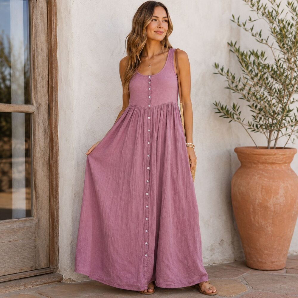 Frye & Co Maxi Dress M Mauve Button Front Sleeveless Boho Cottagecore NWT